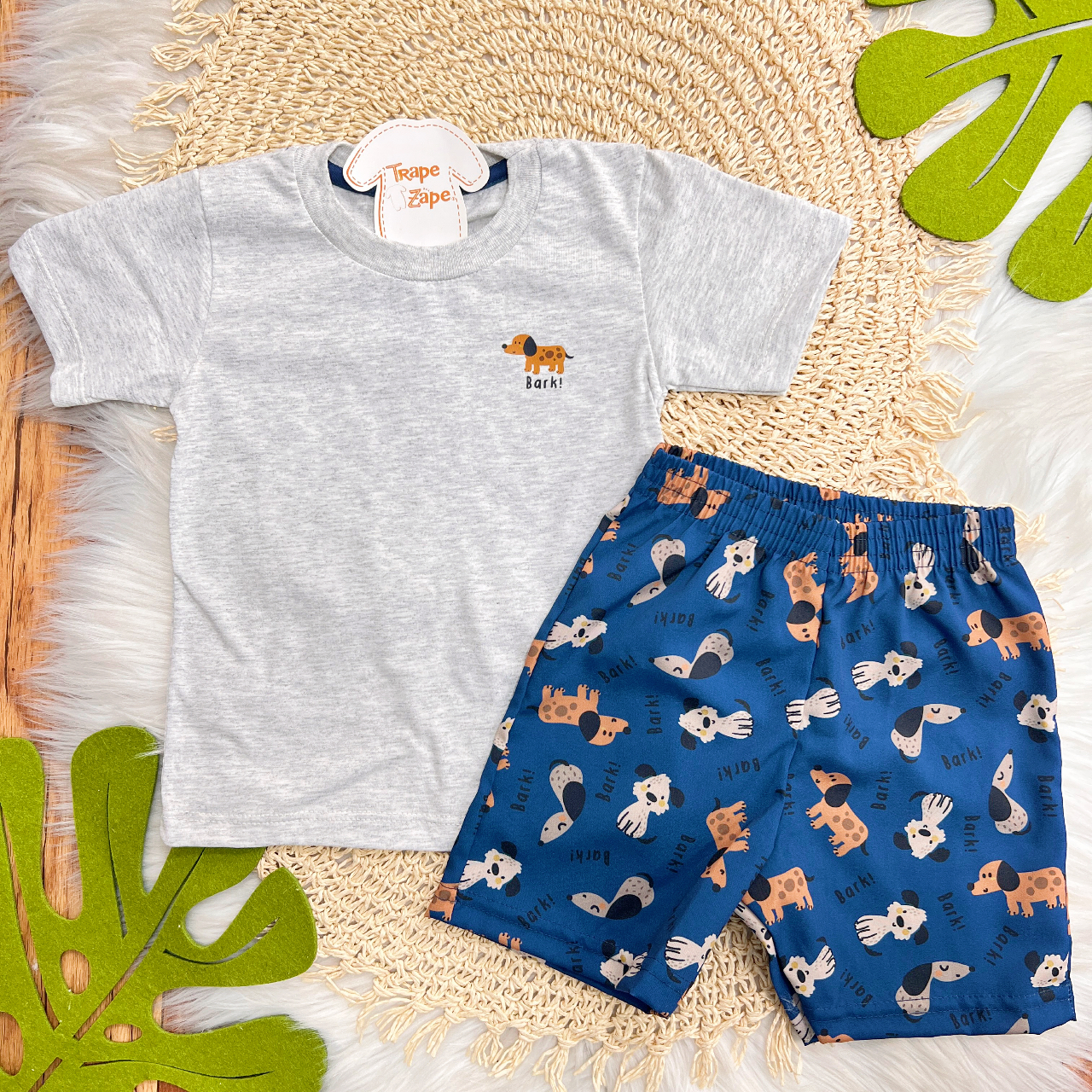 Conj. Camiseta Cachorrinho Bark e Bermuda - Mescla e Azul Jeans
